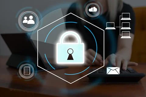 Digital padlock icon, cyber security network and data protection technology on Stock Photos