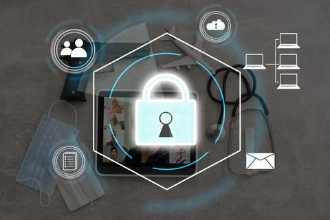 Digital padlock icon, cyber security network and data protection technology on Stock Photos