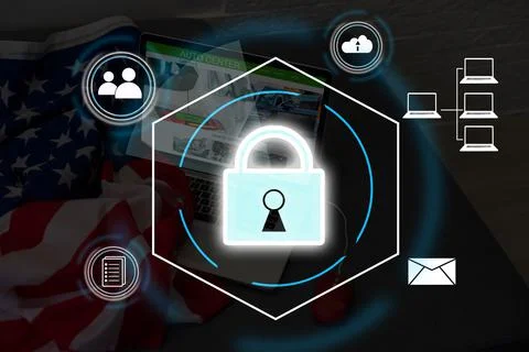Digital padlock icon, cyber security network and data protection technology on Stockfoto's