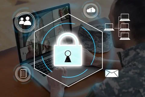 Digital padlock icon, cyber security network and data protection technology on Stock Photos