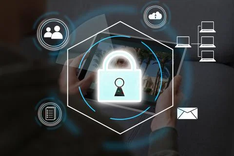 Digital padlock icon, cyber security network and data protection technology on Stock Photos