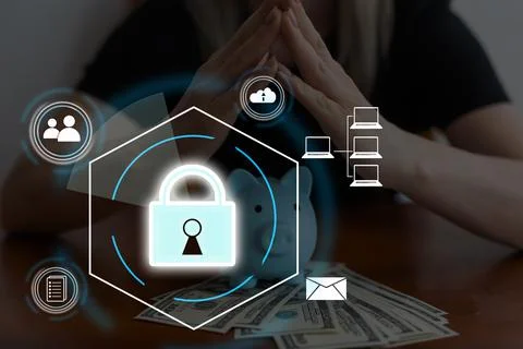 Digital padlock icon, cyber security network and data protection technology on Stock Photos