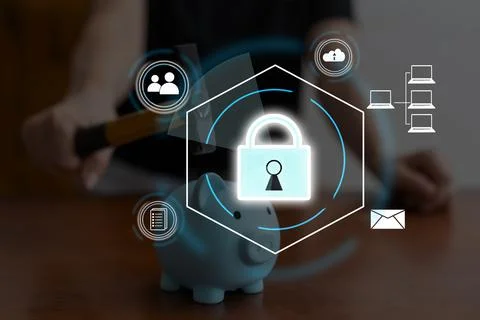 Digital padlock icon, cyber security network and data protection technology on Stock Photos