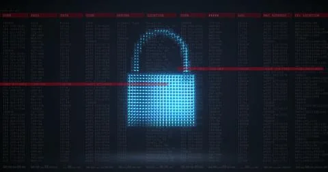 A digital padlock icon is displayed on screen filled with code and data Stock Photos