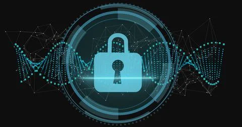 Digital padlock icon glowing in circular HUD on security interface, with Stockfoto's