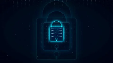 Digital padlock icon glowing on a dark blue background with flowing binary data Stock Footage 336778764
