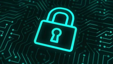 Digital padlock icon glowing over a blue circuit board background Stock Footage 334137173