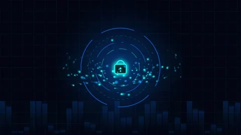 Digital padlock icon with glowing particles and data bar motion on grid bac.. Video stock 342322441