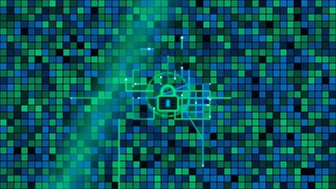 Digital padlock icon glows on a futuristic grid with data streams motion gr.. Stock Footage 341579651