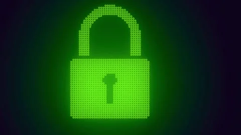 Digital padlock icon glows green with animated data symbols on dark Stock-Footage 341801595