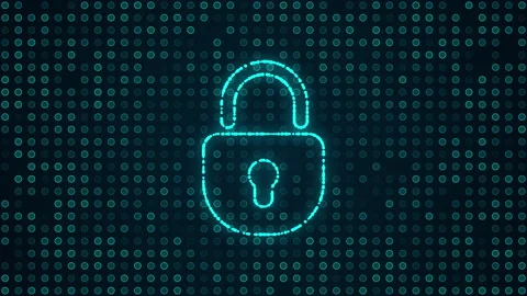 Digital padlock icon made of moving blue glowing particles on tech background Stock Footage 238565600