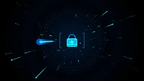 Digital padlock icon protected with glowing laser lines in dark cyberspace .. Video stock 346280509