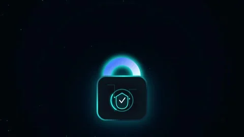 Digital padlock icon pulsing with neon light glow isolated on dark backgrou.. Stock Footage 345276973