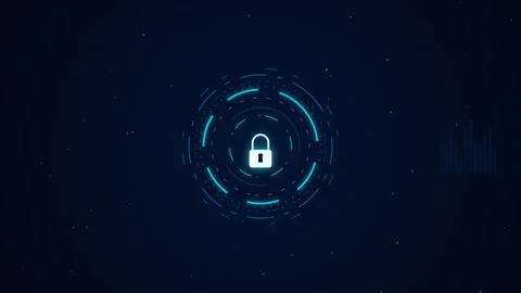 Digital padlock icon surrounded by glowing HUD interface elements on dark b.. Stock Footage 342279019