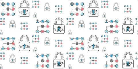 Digital padlock icons blue red circuit lines data protection seamless pattern Stock Illustration