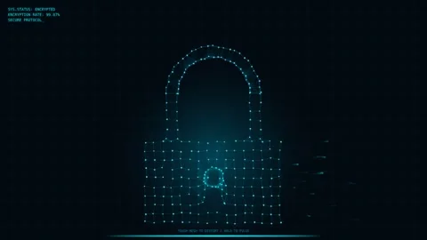 Digital padlock mesh glowing with data stream particles on dark background .. Stock Footage 341824473