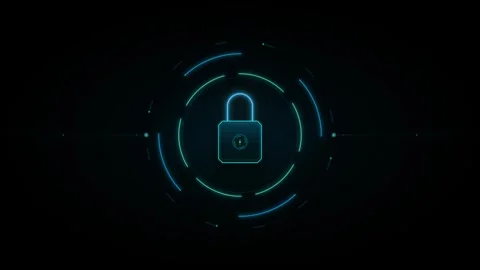 Digital padlock with neon blue and green glowing outlines and circular HUD .. 動画素材 335826432