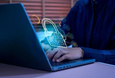 Digital padlock over laptop with data interface. Cybersecurity, data protec.. 스톡 사진