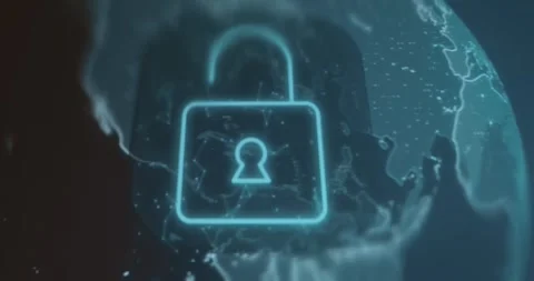 Digital padlock overlaid on the map of the world, cybersecurity and data Stock Footage 321764684