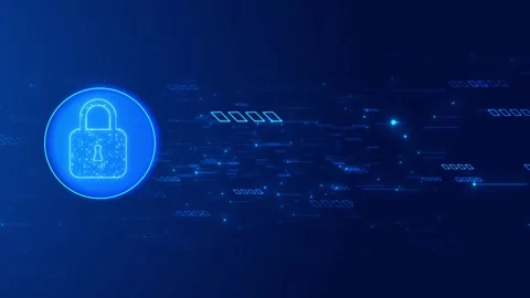 Digital padlock privacy protection visual blue glow, floating data marks, and se Stock Footage 340527814