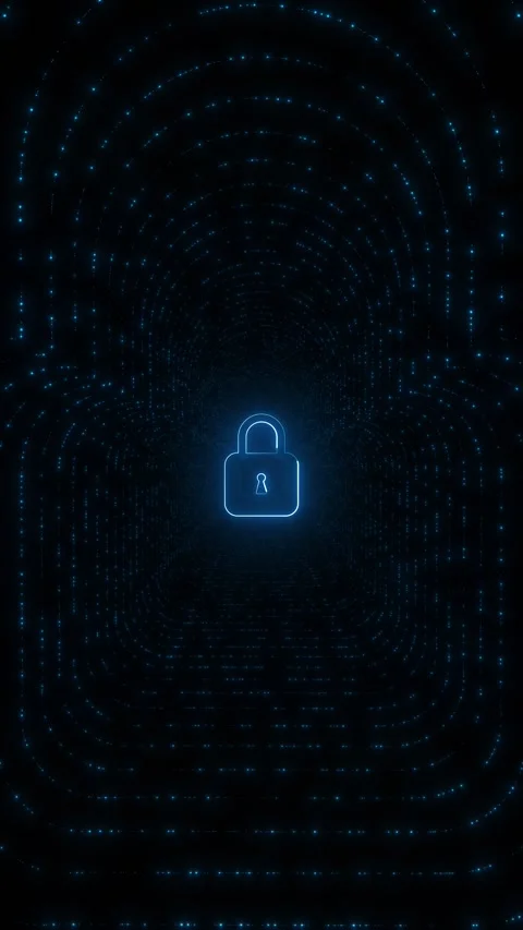Digital padlock protection visual blue security tunnel, glowing lock outline, da Stock Footage 340570112