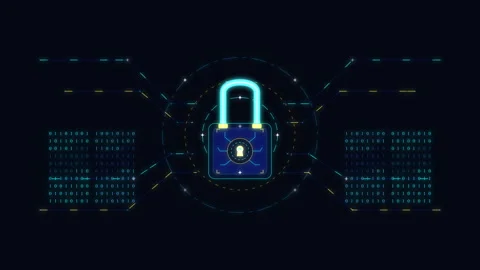 Digital padlock security animation with data matrix, cybersecurity shield Stock Footage 347563231