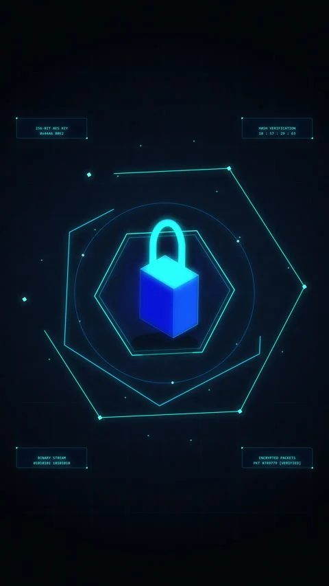 Digital padlock security icon with glowing data network protection interface Stock Footage 347563291
