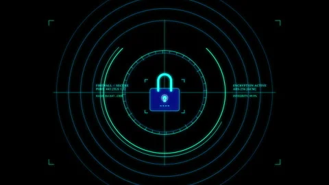 Digital padlock security icon with radar scan data interface Stock Footage 348331544