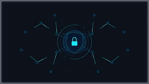 Digital padlock security interface with cyber shield HUD elements, network .. Stock Footage 348331686