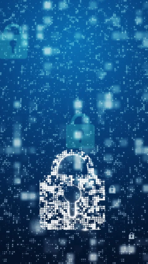 Digital padlock security symbol on blue background with flashing and pixels. Stock Footage 308523026
