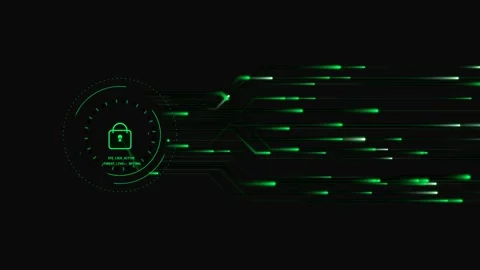 Digital padlock security system with glowing green data streams. Video stock 341824438