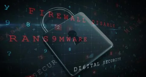 A digital padlock surrounded by cybersecurity terms like firewall and malware Stock Photos
