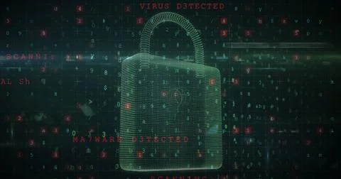 A digital padlock surrounded by floating text indicating virus and malware Stock Photos