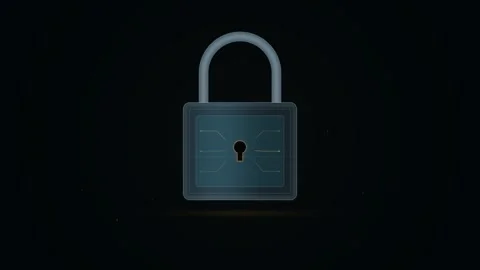A digital padlock symbol glows against a dark background representing cyber.. Stock Footage 347464708