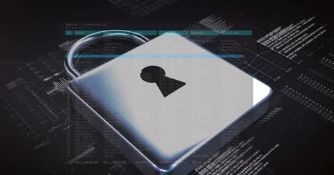 Digital padlock symbolizing cybersecurity with data and code in futuristic Stock-Fotos