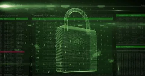 Digital padlock symbolizing cybersecurity with encrypted data and code on screen 스톡 사진