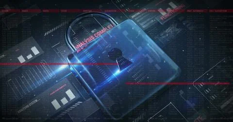 A digital padlock with text ANALYSIS COMPLETE is prominently displayed Stockfoto's