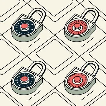 Digital Padlocks in Seamless Grids, Secure Vector Pattern for Cybersecurity.. Stock Illustration