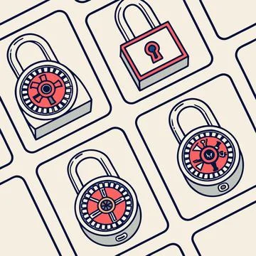 Digital Padlocks in Seamless Grids, Secure Vector Pattern for Cybersecurity.. Stock Illustration
