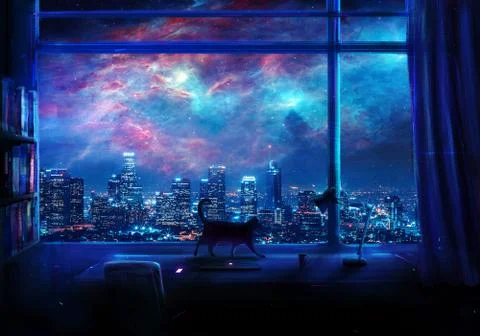 Digital Paint Of An Empty Desk On A Galactic Skyscraper View Stock Illustration