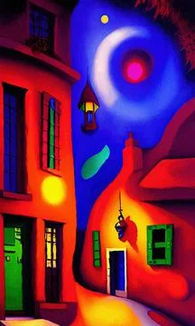 Digital painted cute houses at night Stock Illustration
