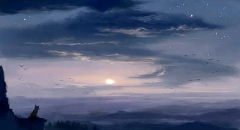Digital painted landscape at dusk with wolf animal in foreground Stock Illustration