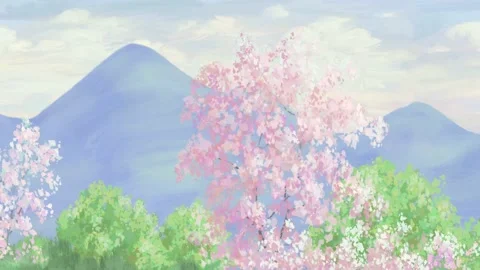 Digital painting background Sakura tree panorama cherry blossom Video stock 148133323