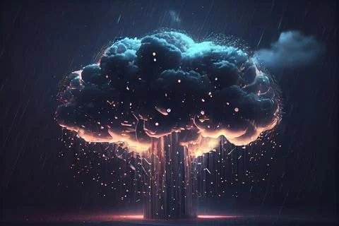 A digital painting of a cloud with rain falling down on it and a building i.. Illustrazione stock