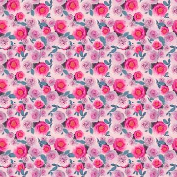 Digital painting of seamless pattern with roses and leaves digital paintin... Stock Photos