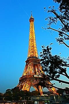 Digital painting style representing the Eiffel Tower on an autumn evening Stock Illustration