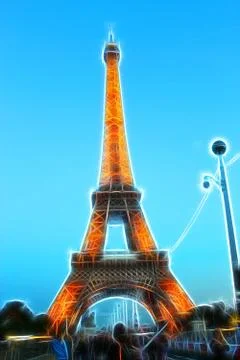 Digital painting style representing the Eiffel Tower on an autumn evening Stock Illustration