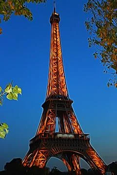 Digital painting style representing the Eiffel Tower on an autumn evening Stock Illustration
