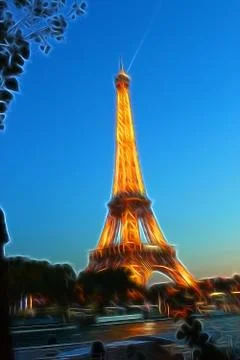 Digital painting style representing the Eiffel Tower seen from the Seine Stock Illustration