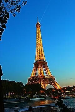 Digital painting style representing the Eiffel Tower seen from the Seine on a Stock Illustration